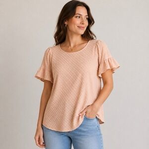Rose + Olive Swiss Dot Blouse Sm Blush Pink Flutter Sleeve Textured‎ Cottagecore